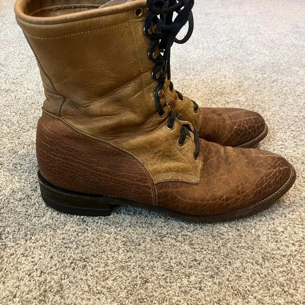 Vintage Justin 630 Mens 9 D Brown Leather Kiltie Lace Up Work Boot Round Toe USA